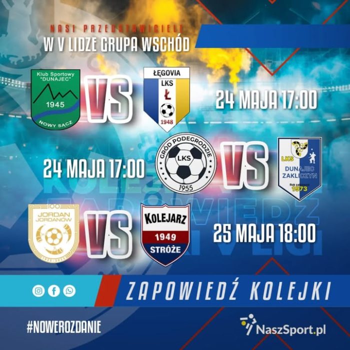 W dniu wczorajszym awans do Betclic II Ligi zapewniła sobie Sandecja Nowy Sącz, której jeszcze raz serdecznie gratulujemy, ale nadal musi ona w pełni przygotowana wybiegać na boisko. Tym razem, w najbliższą sobotę zmierzą się na wyjeździe z będącymi w dołku Wiślanymi Skawina 😎⚽🔜

Ciekawy pojedynek czeka nas także w IV Lidze Małopolskiej - MKS Poprad Muszyna na wyjeździe zmierzy się z rezerwami naszpikowanej gwiazdami Wieczystej Kraków 🔥👊⚽

V Liga Grupa Wschód również powoli zbliża się do końcowych rozwiązań 🔥🔥🔥 Nadal czekamy na to, kto uzyska bezpośredni awans za plecami Okocimskiego Brzesko. W najbliższej kolejce Kolejarz Stróże podejmuje Jordan Jordanów, a rywalizujące bezpośrednio ze sobą zespoły Dunajec Nowy Sącz oraz LKS Gród Podegrodzie czekają mecze domowe. Zieloni goszczą Łęgovię Łęg, natomiast Gród podejmuje u siebie Dunajec Zakliczyn 😎👊🔥