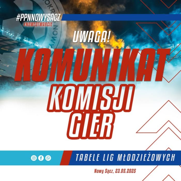Uwaga! 🔥🔥🔥 Ze względu na prośbę klubów wynikającą z braku aktualizacji tabel rundy wiosennej niektórych rozgrywek młodzieżowych naszego Podokręgu na portalu łączynaspiłka zamieszczamy poniżej tabele ze stanem na dzień 22.05.2025r. ⬇️⬇️⬇️

Link do komunikatu:
https://drive.google.com/file/d/15auR_e3QmjylxaG1VDQNqfCWNPIiB2tZ/view?usp=sharing